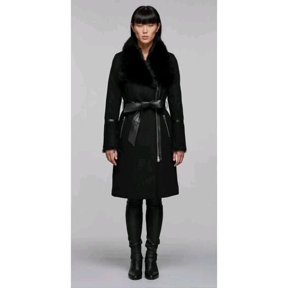 Mackage Isabel Brown Shearling Accent Wool Trench Coat Size S - Picture 1 of 14